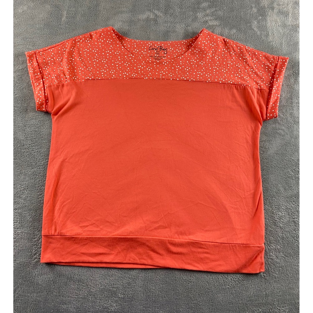 Coral Bay Petite PXL Orange Polka Dot Yoke Cuffed Short Sleeve Knit Top Shirt